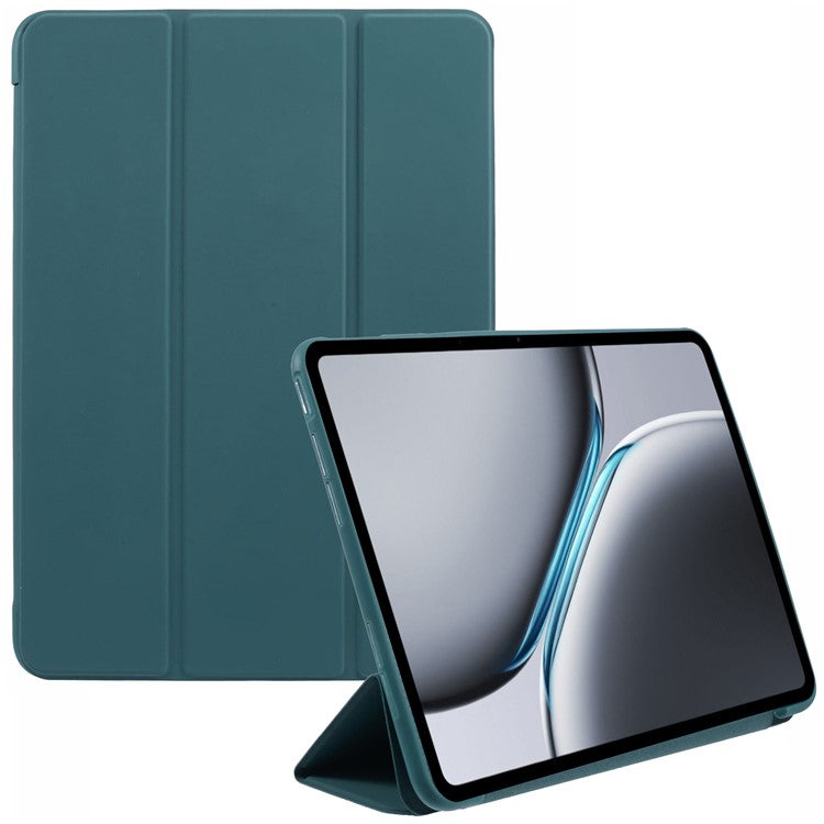 For OnePlus Pad 2 Case PU Leather+Silicone Tri-Fold Stand Tablet Cover - Blackish Green