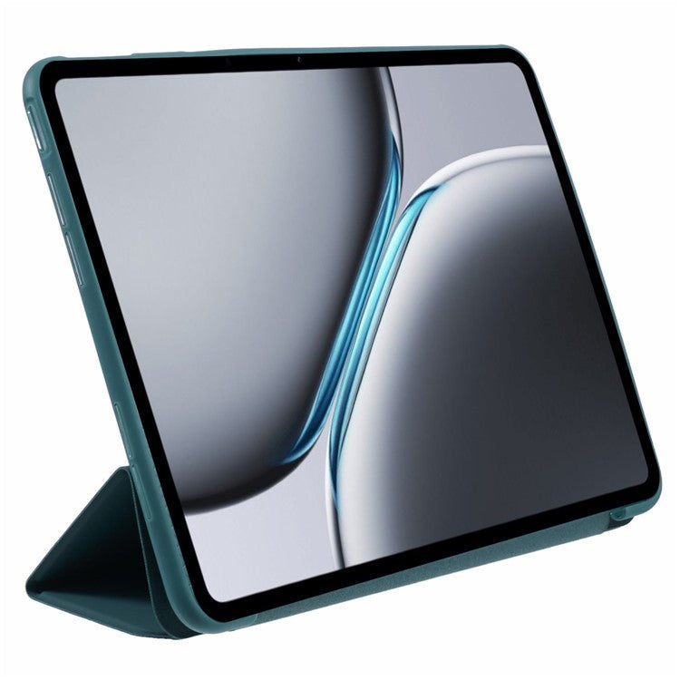 For OnePlus Pad 2 Case PU Leather+Silicone Tri-Fold Stand Tablet Cover - Blackish Green