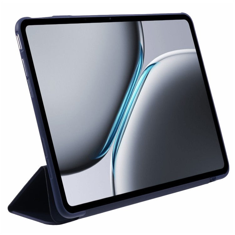 For OnePlus Pad 2 Case PU Leather+Silicone Tri-Fold Stand Tablet Cover - Dark Blue