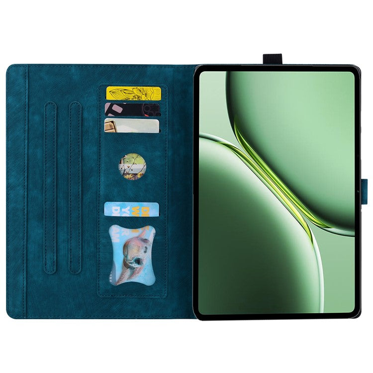 For OnePlus Pad Pro / Pad 2 Case Card Slots Leather Tablet Stand Folio Cover Flower Cat - Blue
