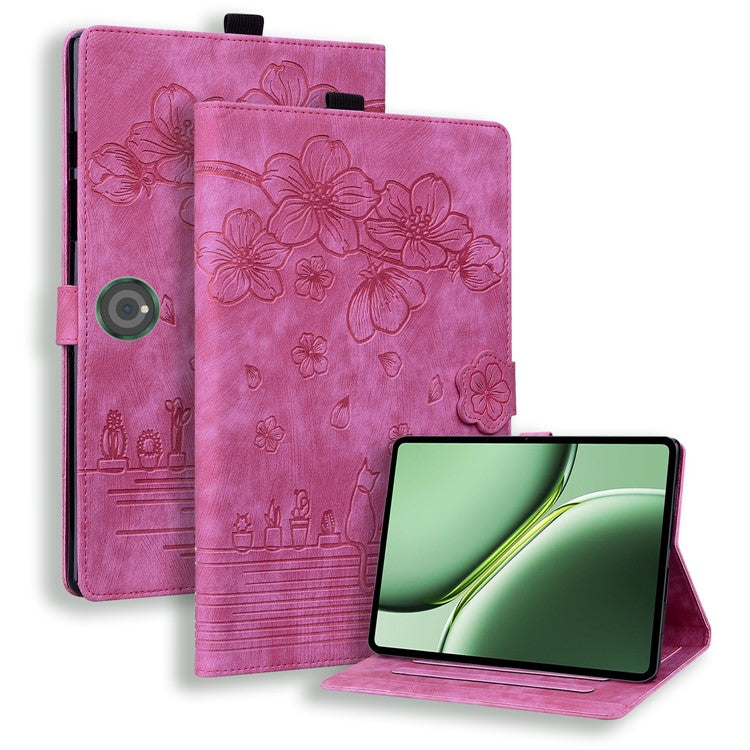 For OnePlus Pad Pro / Pad 2 Case Card Slots Leather Tablet Stand Folio Cover Flower Cat - Rose