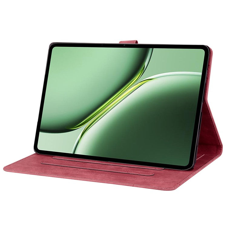 For OnePlus Pad Pro / Pad 2 Case Card Slots Leather Tablet Stand Folio Cover Flower Cat - Wine Red