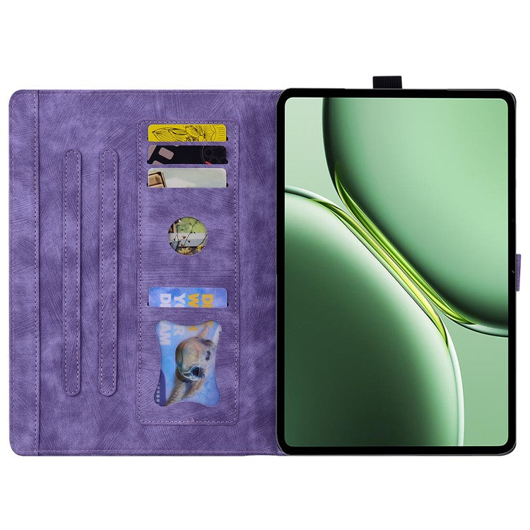 For OnePlus Pad Pro / Pad 2 Case Card Slots Leather Tablet Stand Folio Cover Flower Cat - Purple