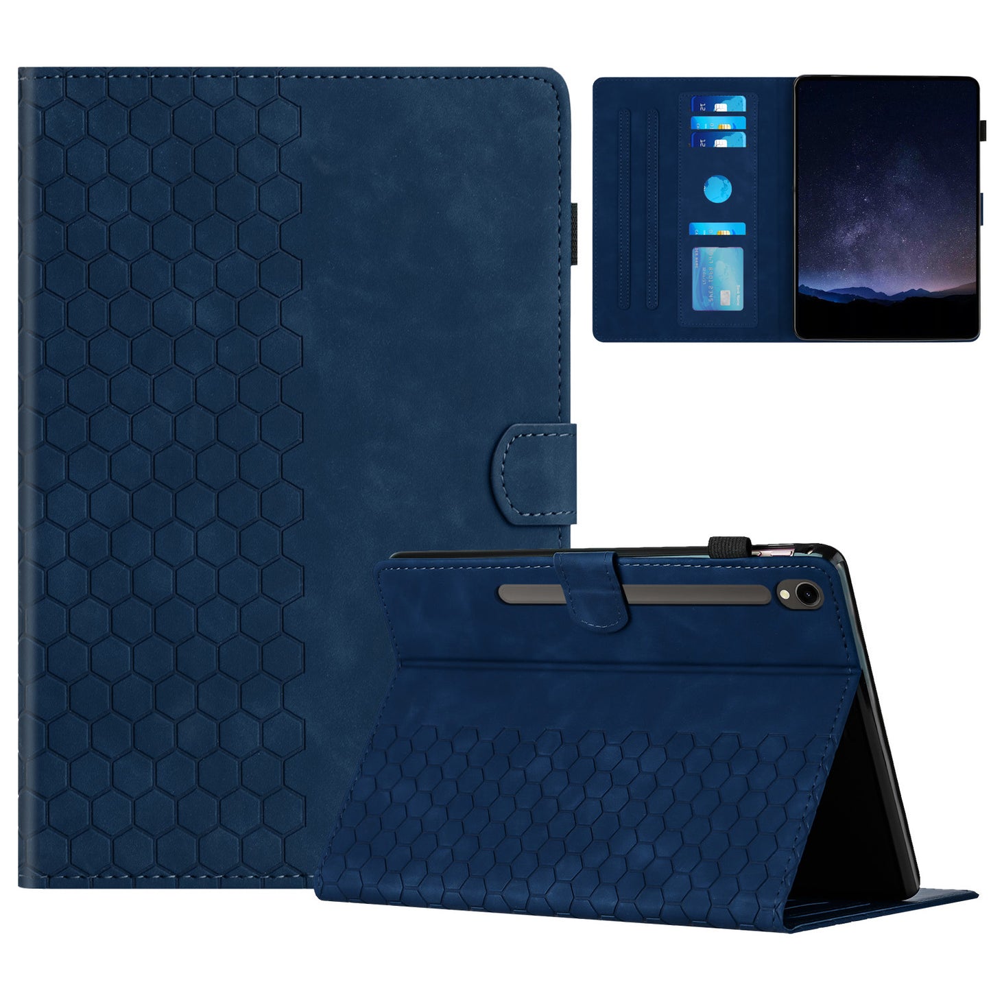 For Samsung Galaxy Tab S9 FE / S9 Case Honeycomb Printed Leather Tablet Cover with Card Slot - Blue