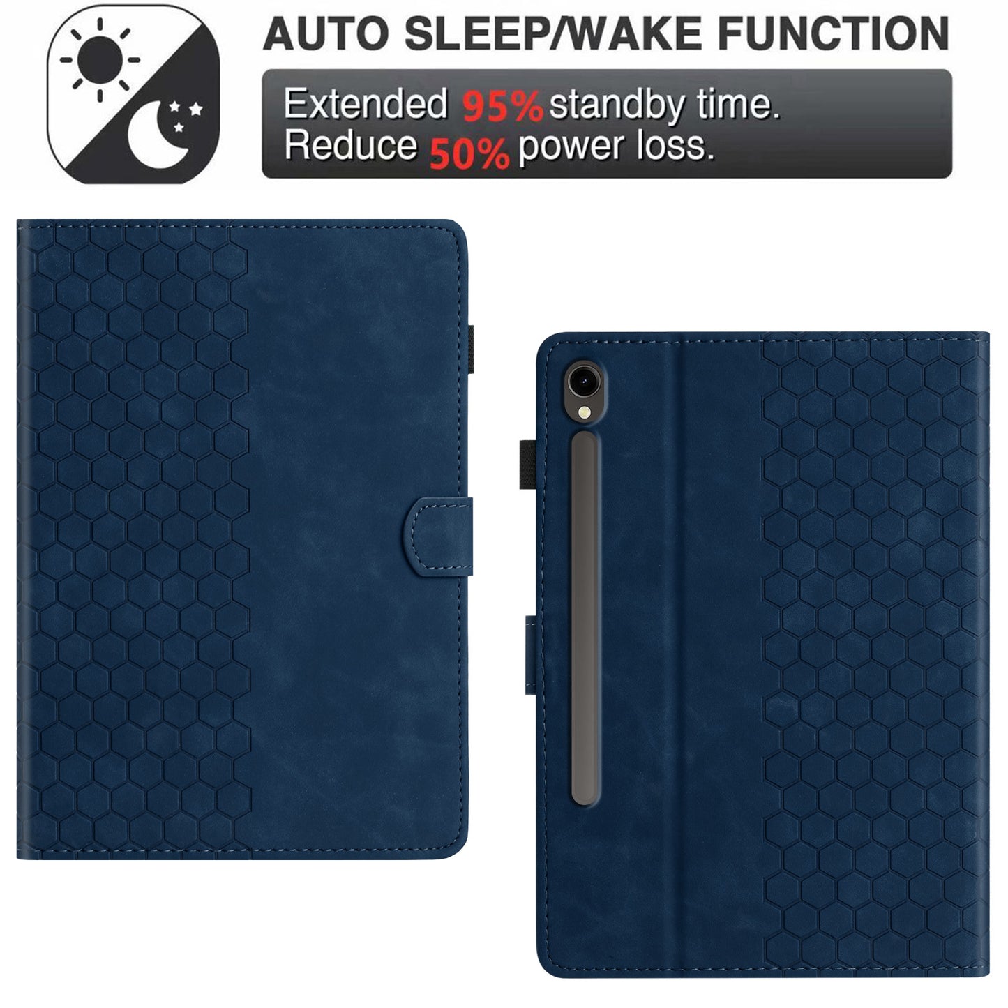 For Samsung Galaxy Tab S9 FE / S9 Case Honeycomb Printed Leather Tablet Cover with Card Slot - Blue