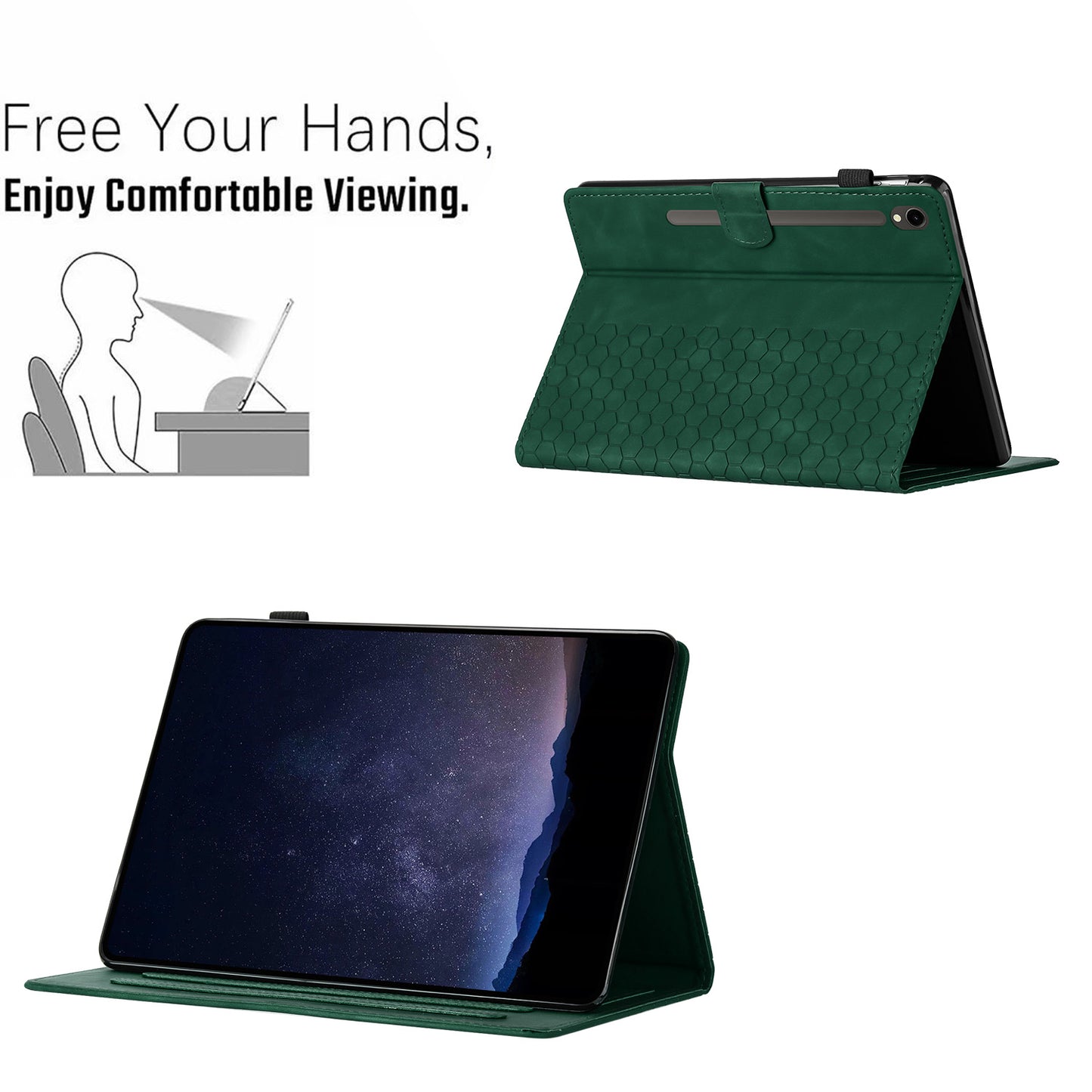 For Samsung Galaxy Tab S9 FE / S9 Case Honeycomb Printed Leather Tablet Cover with Card Slot - Green