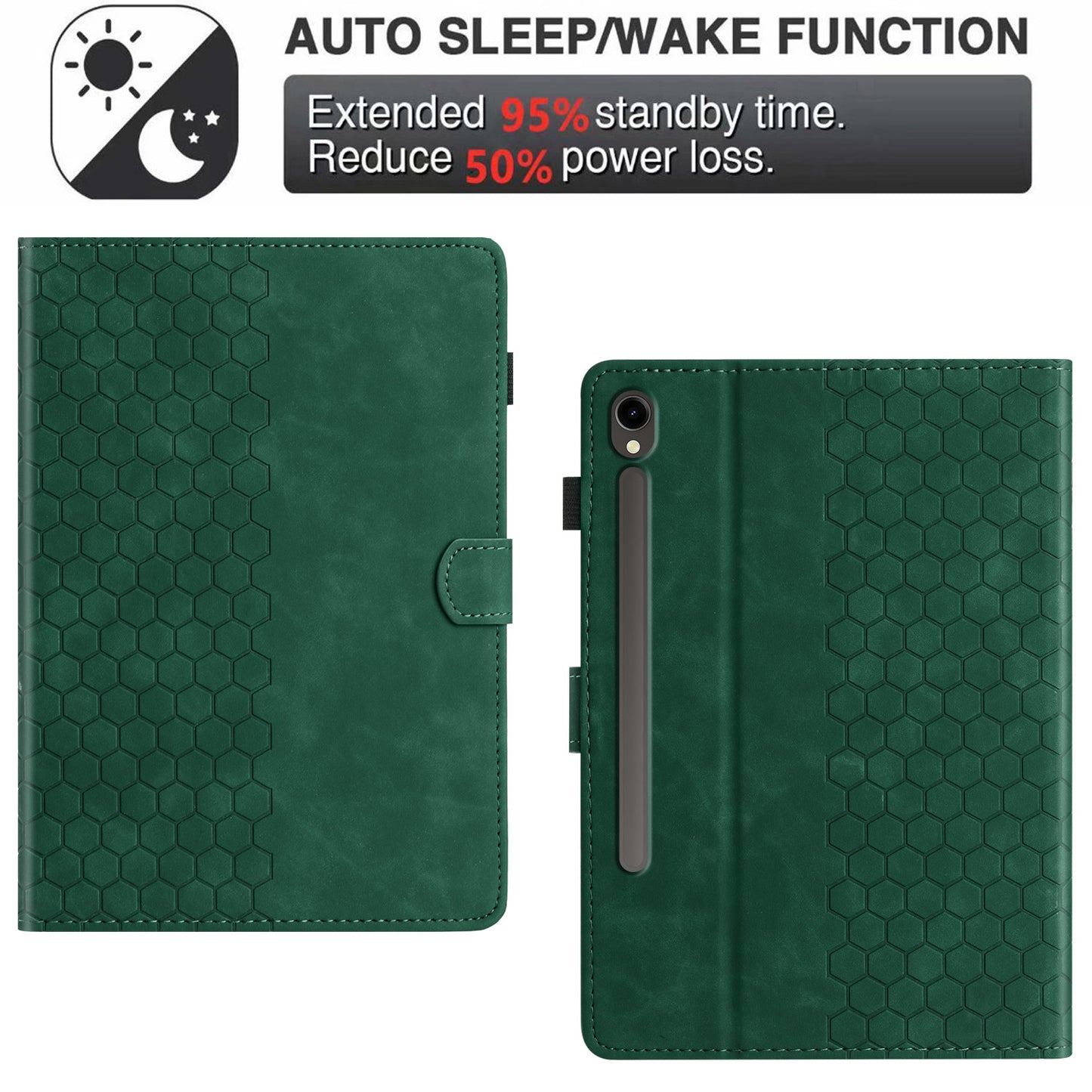 For Samsung Galaxy Tab S9 FE / S9 Case Honeycomb Printed Leather Tablet Cover with Card Slot - Green