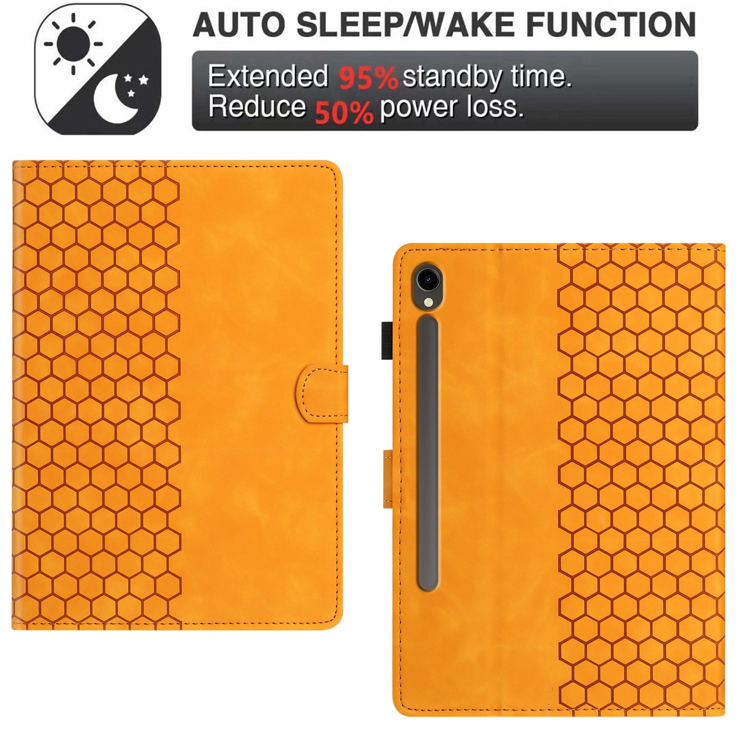 For Samsung Galaxy Tab S9 FE / S9 Case Honeycomb Printed Leather Tablet Cover with Card Slot - Yellow