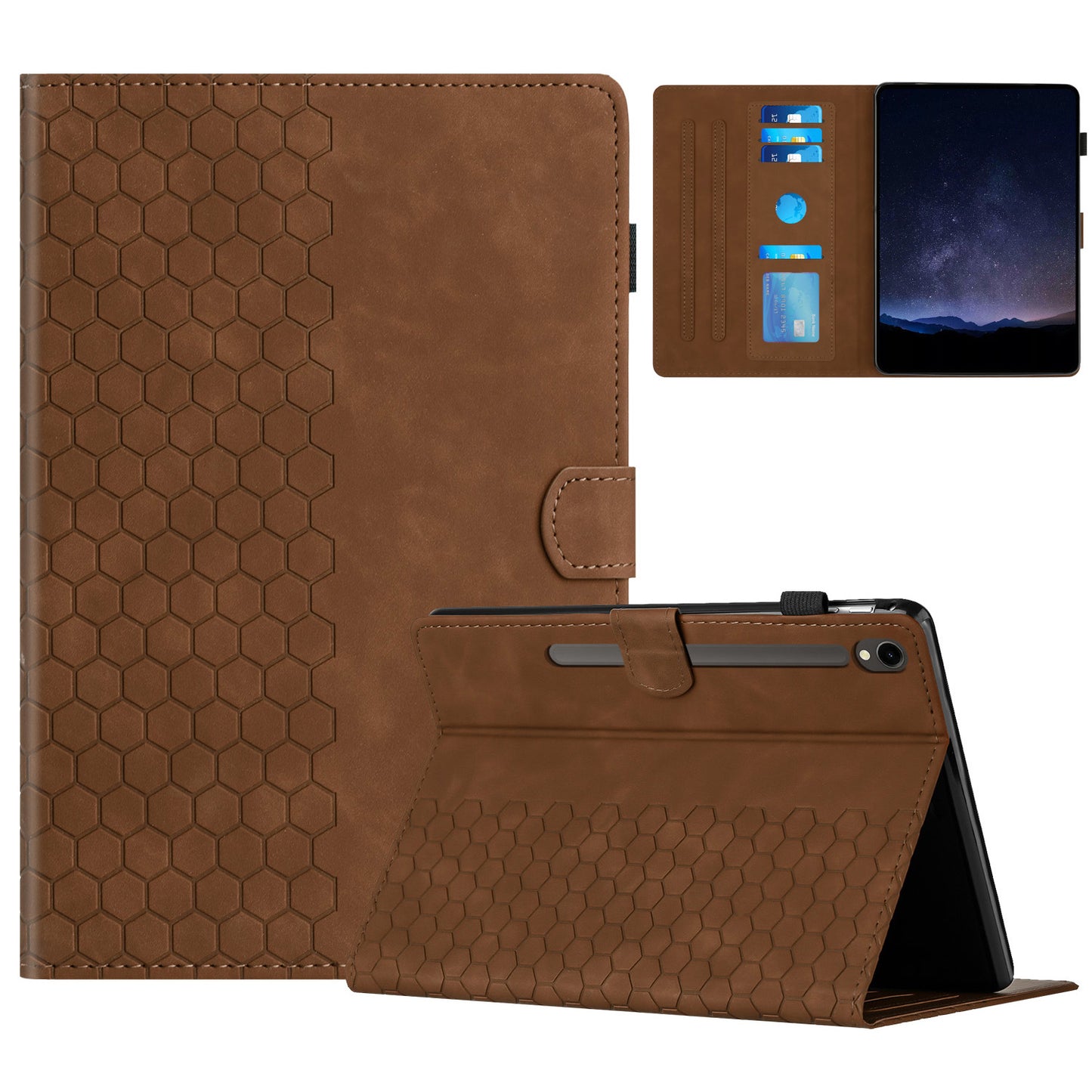 For Samsung Galaxy Tab S9 FE / S9 Case Honeycomb Printed Leather Tablet Cover with Card Slot - Brown