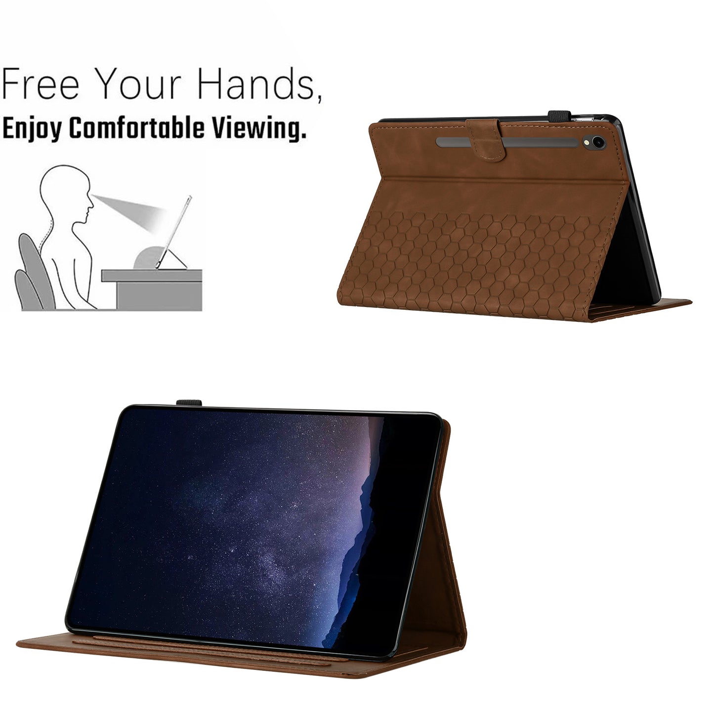 For Samsung Galaxy Tab S9 FE / S9 Case Honeycomb Printed Leather Tablet Cover with Card Slot - Brown