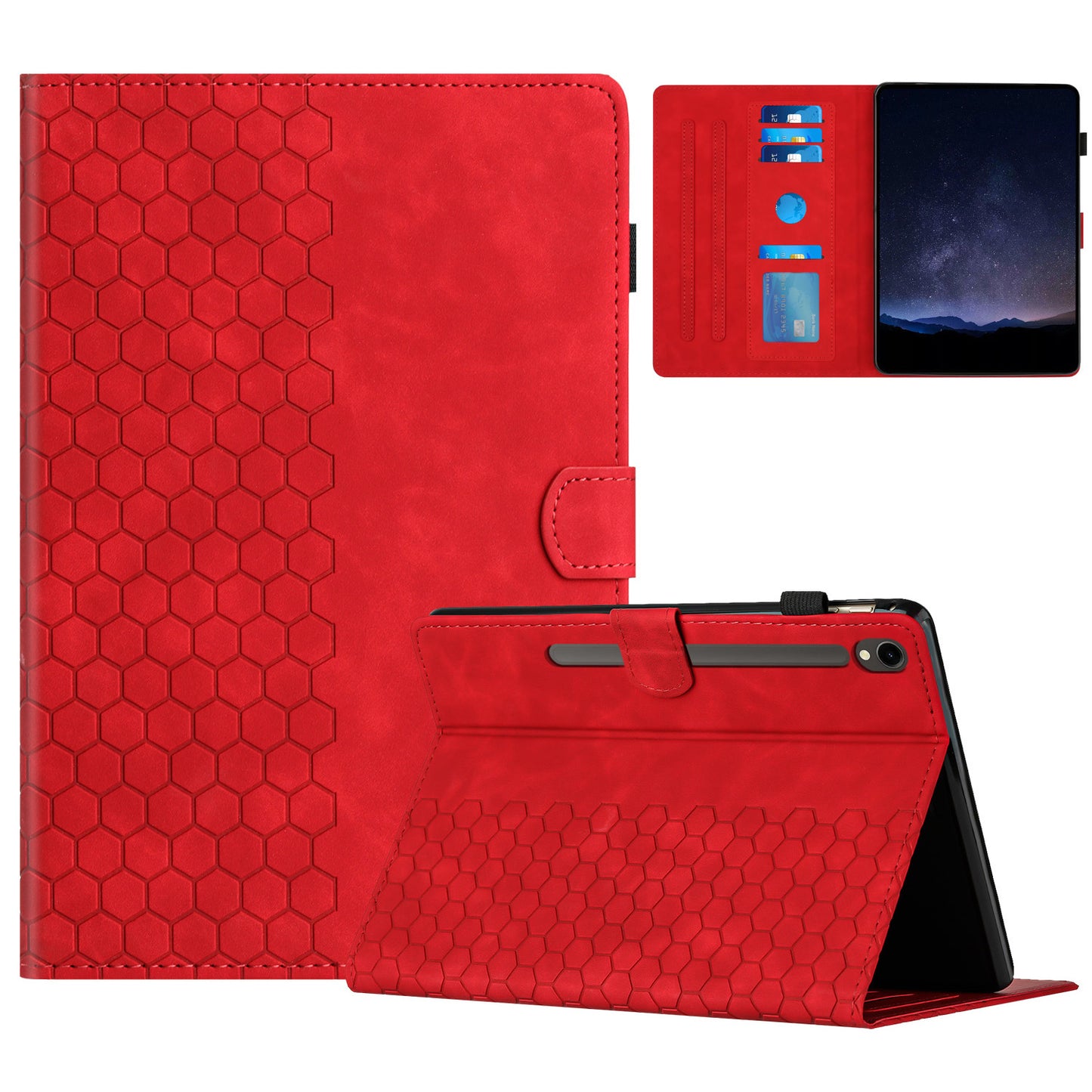 For Samsung Galaxy Tab S9 FE / S9 Case Honeycomb Printed Leather Tablet Cover with Card Slot - Red