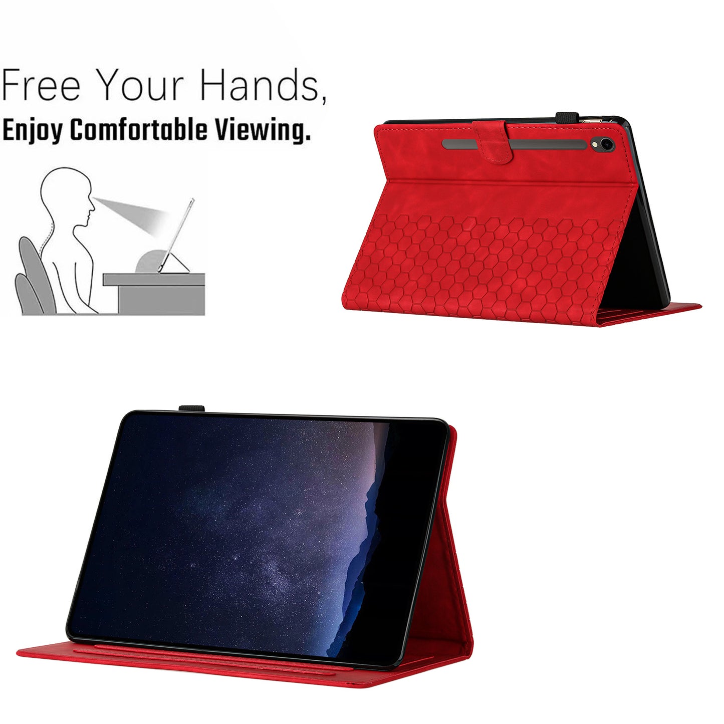 For Samsung Galaxy Tab S9 FE / S9 Case Honeycomb Printed Leather Tablet Cover with Card Slot - Red