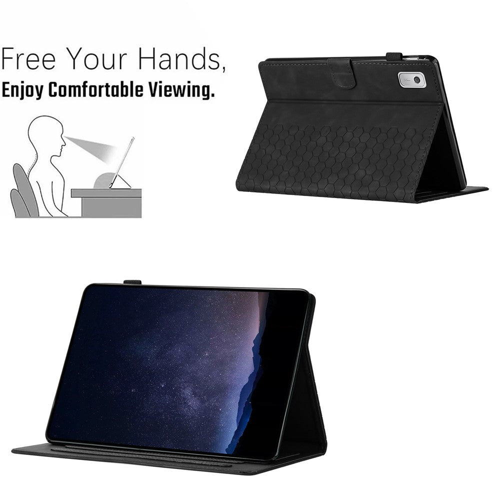 For Lenovo Tab P11 Gen 2 Case Honeycomb Printed Leather Tablet Cover with Card Slot - Black