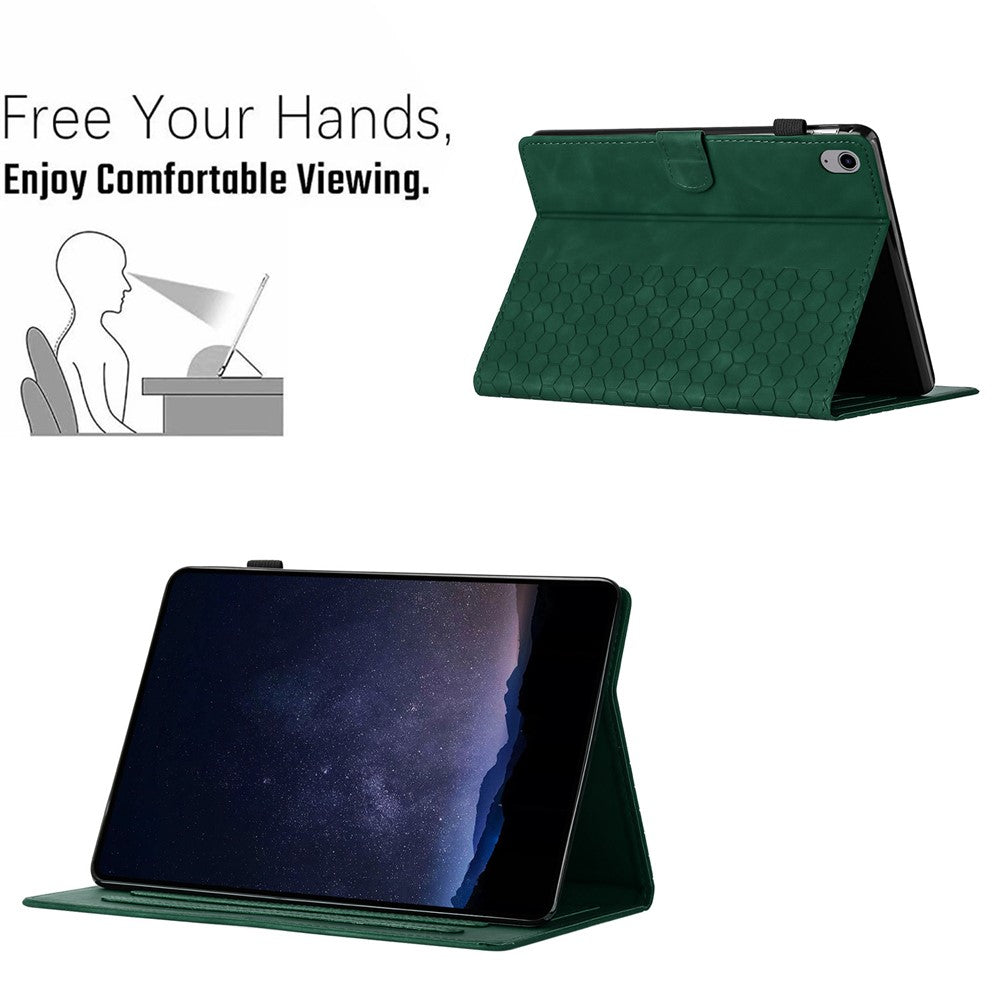 For Lenovo Tab P11 Case Honeycomb Printed Leather Tablet Cover with Card Slot - Green