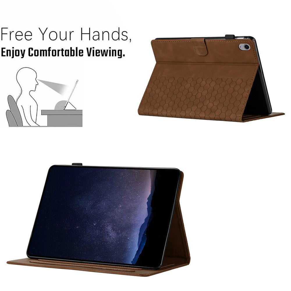 For Lenovo Tab P11 Case Honeycomb Printed Leather Tablet Cover with Card Slot - Brown