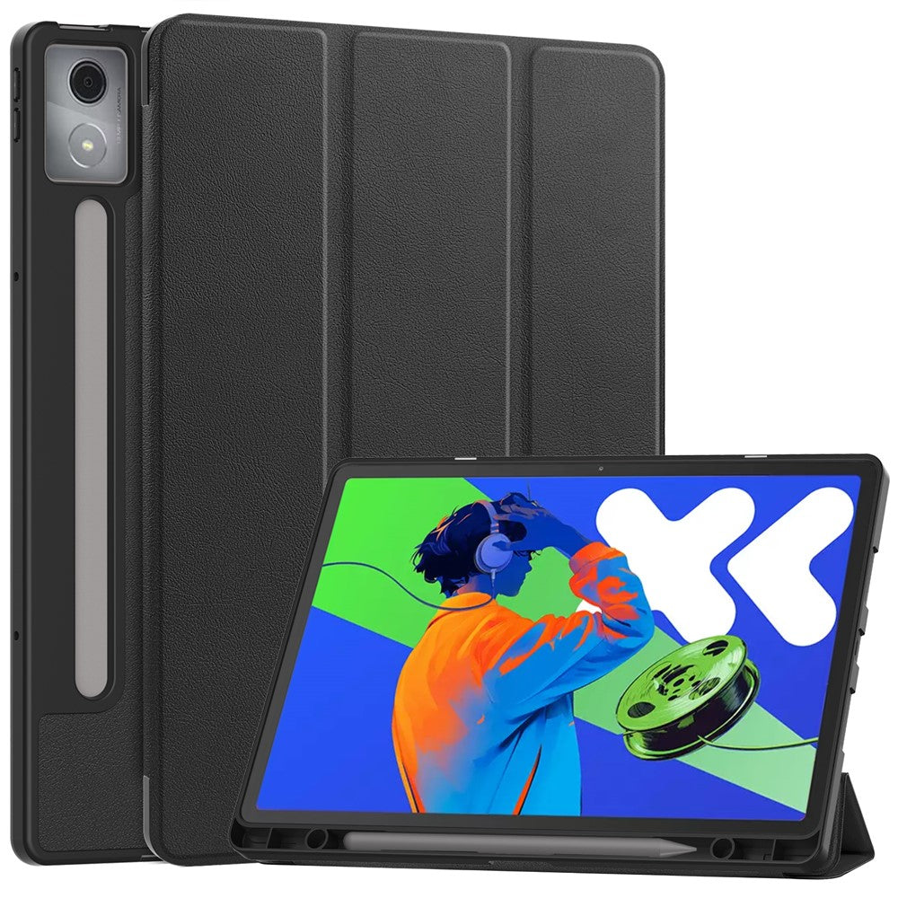 For Lenovo Xiaoxin Pad Pro 12.7 (2025) Stand Case Shock-Absorbent Leather Tablet Cover with Pen Slot - Black