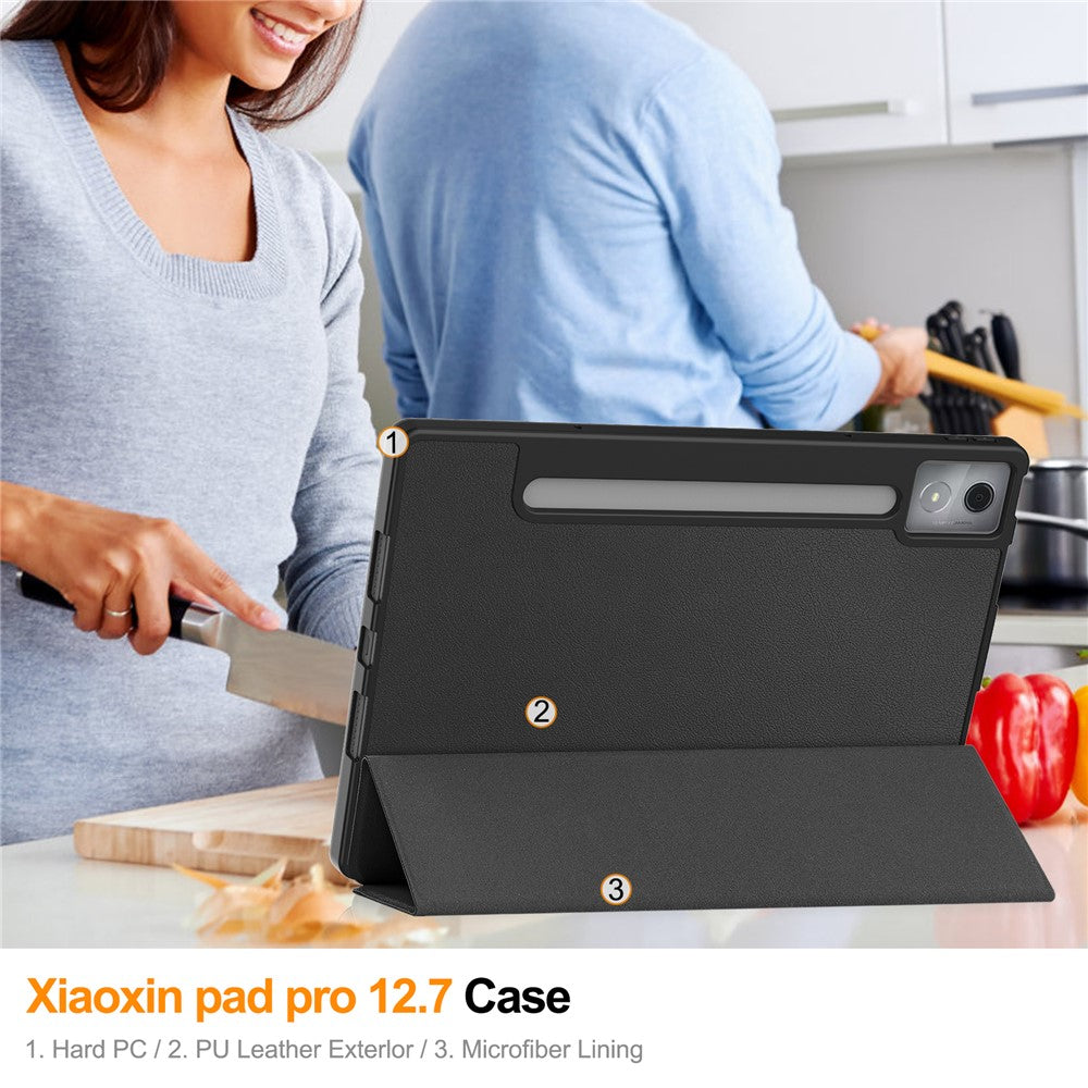 For Lenovo Xiaoxin Pad Pro 12.7 (2025) Stand Case Shock-Absorbent Leather Tablet Cover with Pen Slot - Black