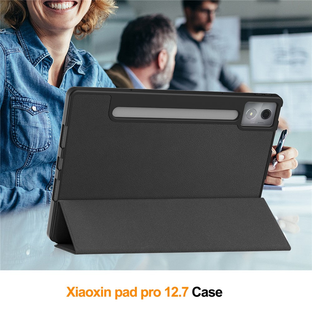 For Lenovo Xiaoxin Pad Pro 12.7 (2025) Stand Case Shock-Absorbent Leather Tablet Cover with Pen Slot - Black