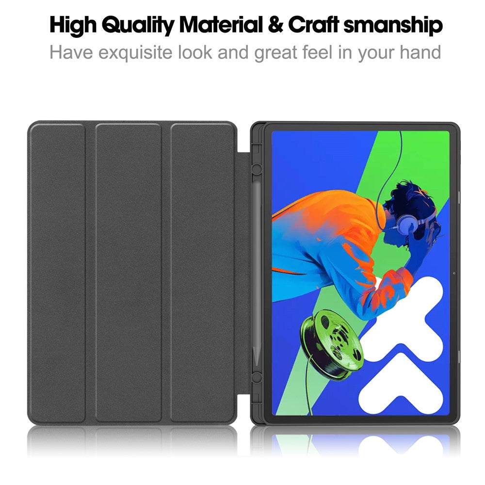 For Lenovo Xiaoxin Pad Pro 12.7 (2025) Stand Case Shock-Absorbent Leather Tablet Cover with Pen Slot - Dark Blue