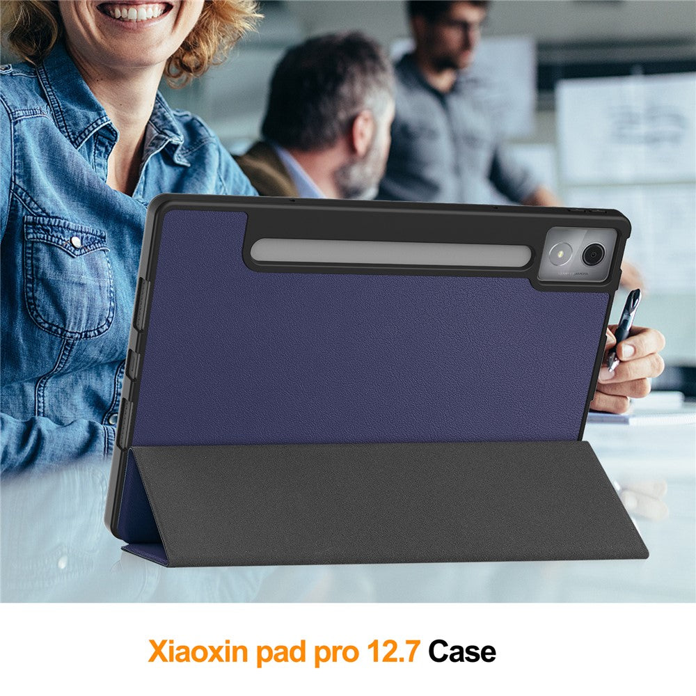 For Lenovo Xiaoxin Pad Pro 12.7 (2025) Stand Case Shock-Absorbent Leather Tablet Cover with Pen Slot - Dark Blue