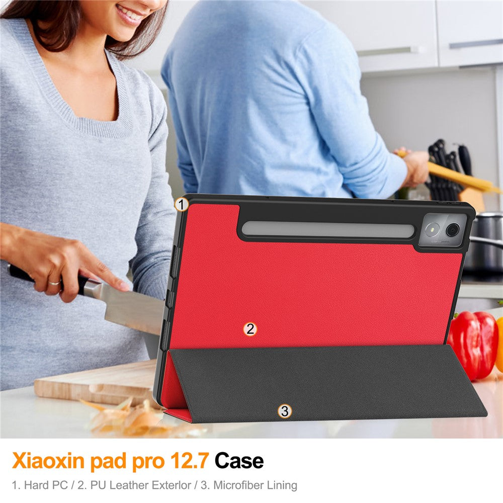 For Lenovo Xiaoxin Pad Pro 12.7 (2025) Stand Case Shock-Absorbent Leather Tablet Cover with Pen Slot - Red