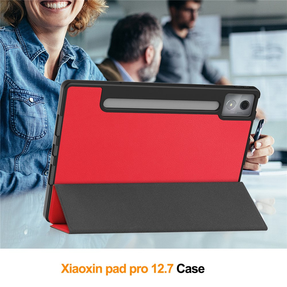 For Lenovo Xiaoxin Pad Pro 12.7 (2025) Stand Case Shock-Absorbent Leather Tablet Cover with Pen Slot - Red