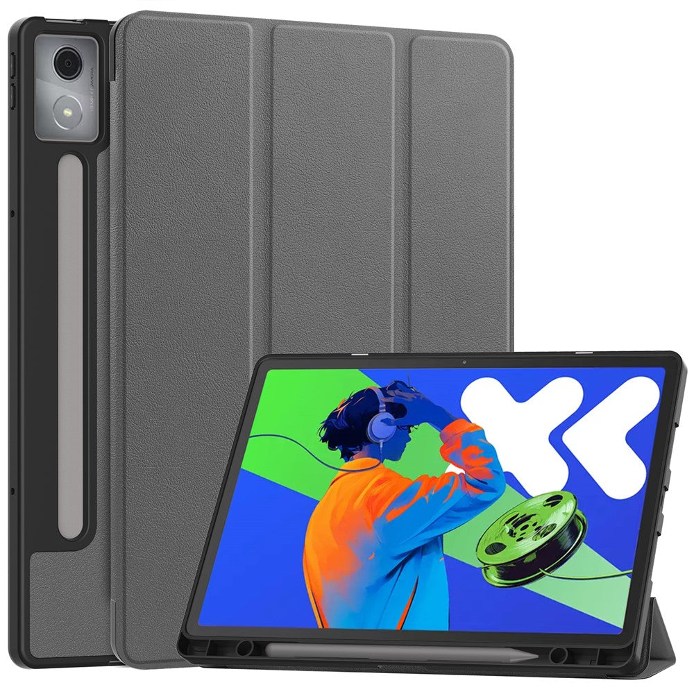 For Lenovo Xiaoxin Pad Pro 12.7 (2025) Stand Case Shock-Absorbent Leather Tablet Cover with Pen Slot - Grey