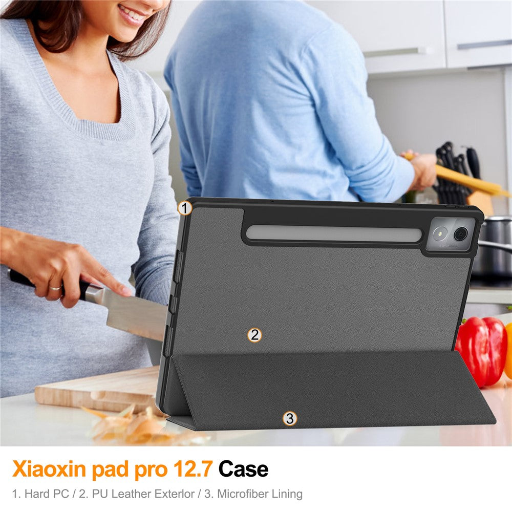 For Lenovo Xiaoxin Pad Pro 12.7 (2025) Stand Case Shock-Absorbent Leather Tablet Cover with Pen Slot - Grey