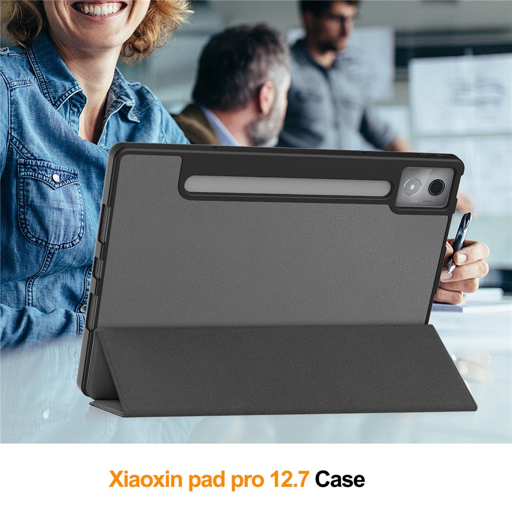 For Lenovo Xiaoxin Pad Pro 12.7 (2025) Stand Case Shock-Absorbent Leather Tablet Cover with Pen Slot - Grey