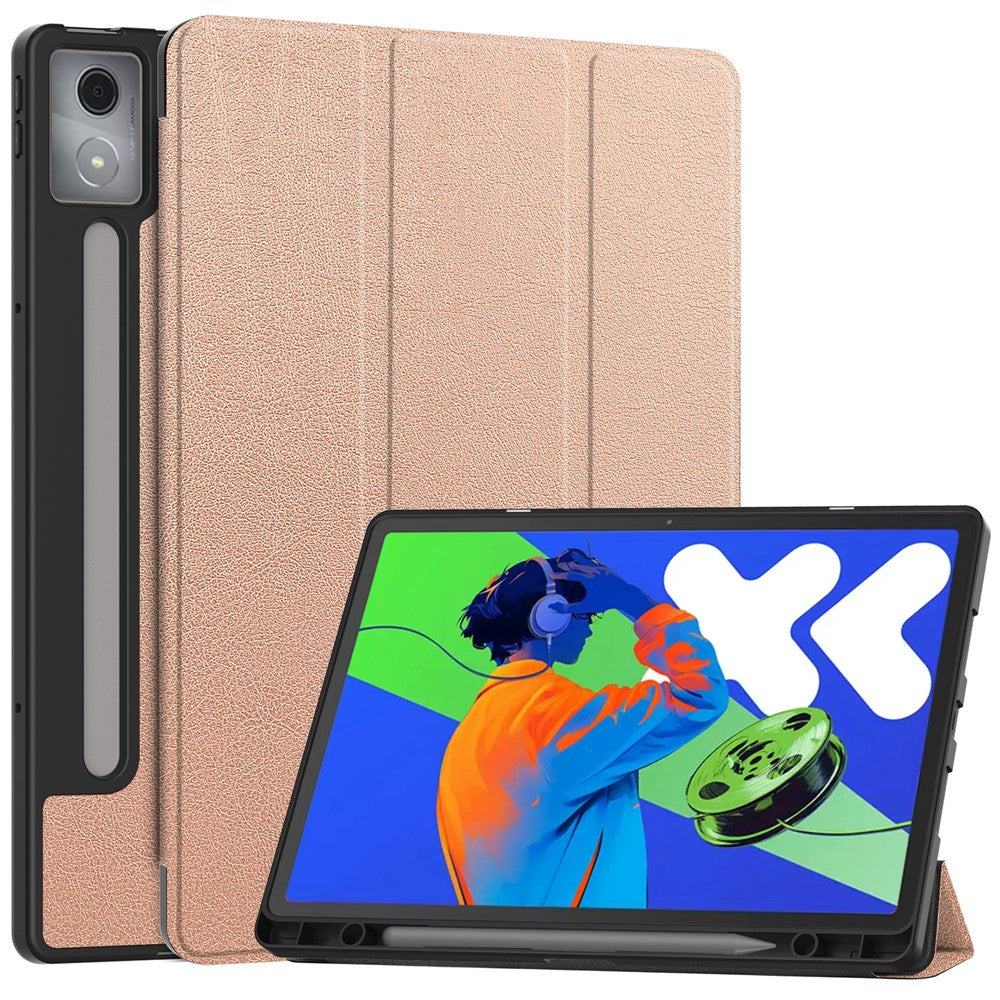 For Lenovo Xiaoxin Pad Pro 12.7 (2025) Stand Case Shock-Absorbent Leather Tablet Cover with Pen Slot - Rose Gold