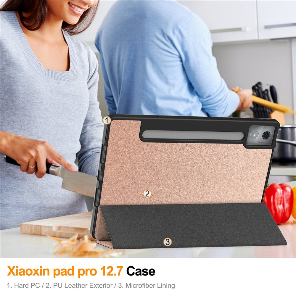 For Lenovo Xiaoxin Pad Pro 12.7 (2025) Stand Case Shock-Absorbent Leather Tablet Cover with Pen Slot - Rose Gold