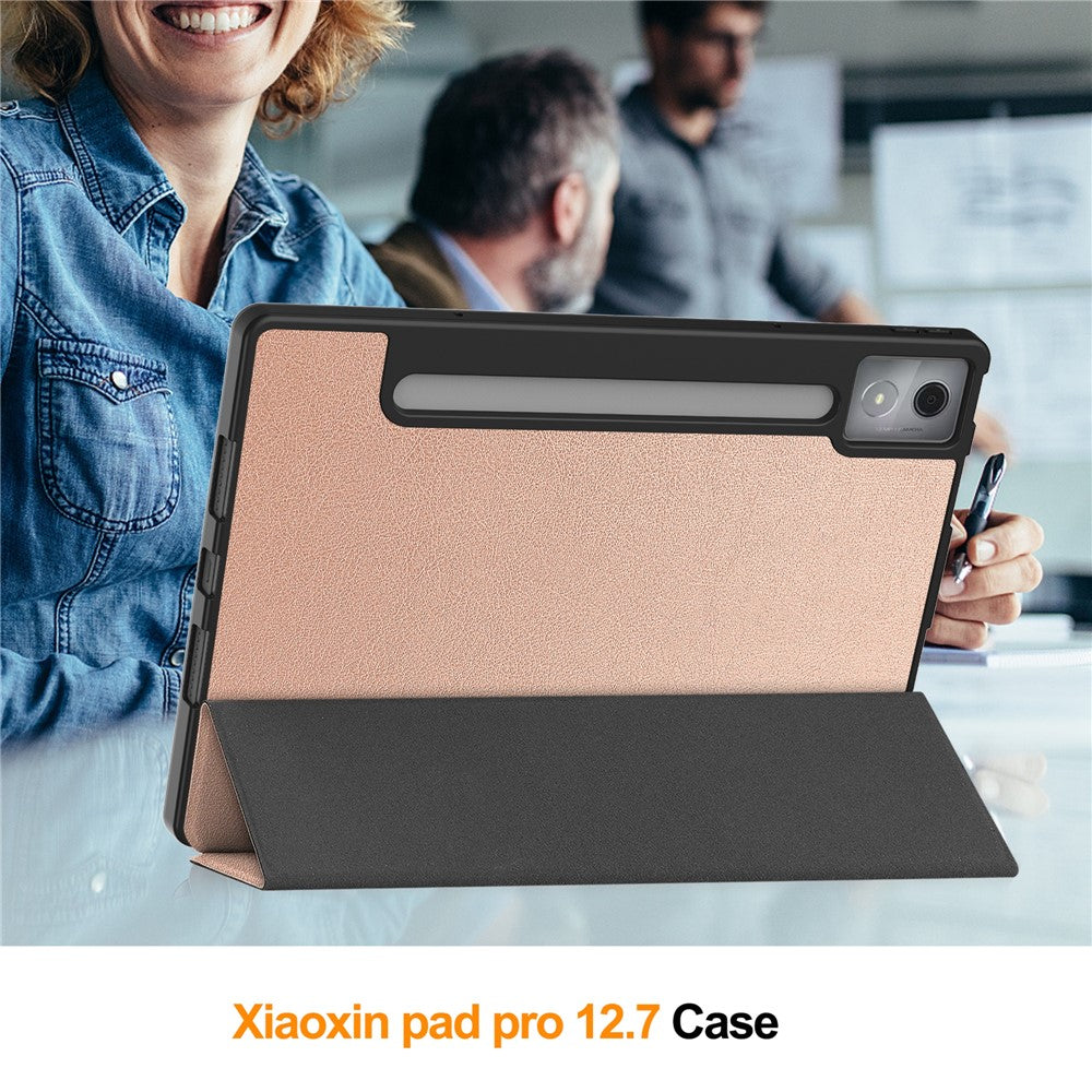 For Lenovo Xiaoxin Pad Pro 12.7 (2025) Stand Case Shock-Absorbent Leather Tablet Cover with Pen Slot - Rose Gold
