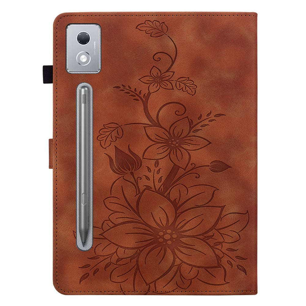 For Lenovo Tab P12 Pro 12.7 2025 / Xiaoxin Pad Pro 12.7 (2025) Case Lily Flower Imprint Card Slots Leather Tablet Cover - Brown