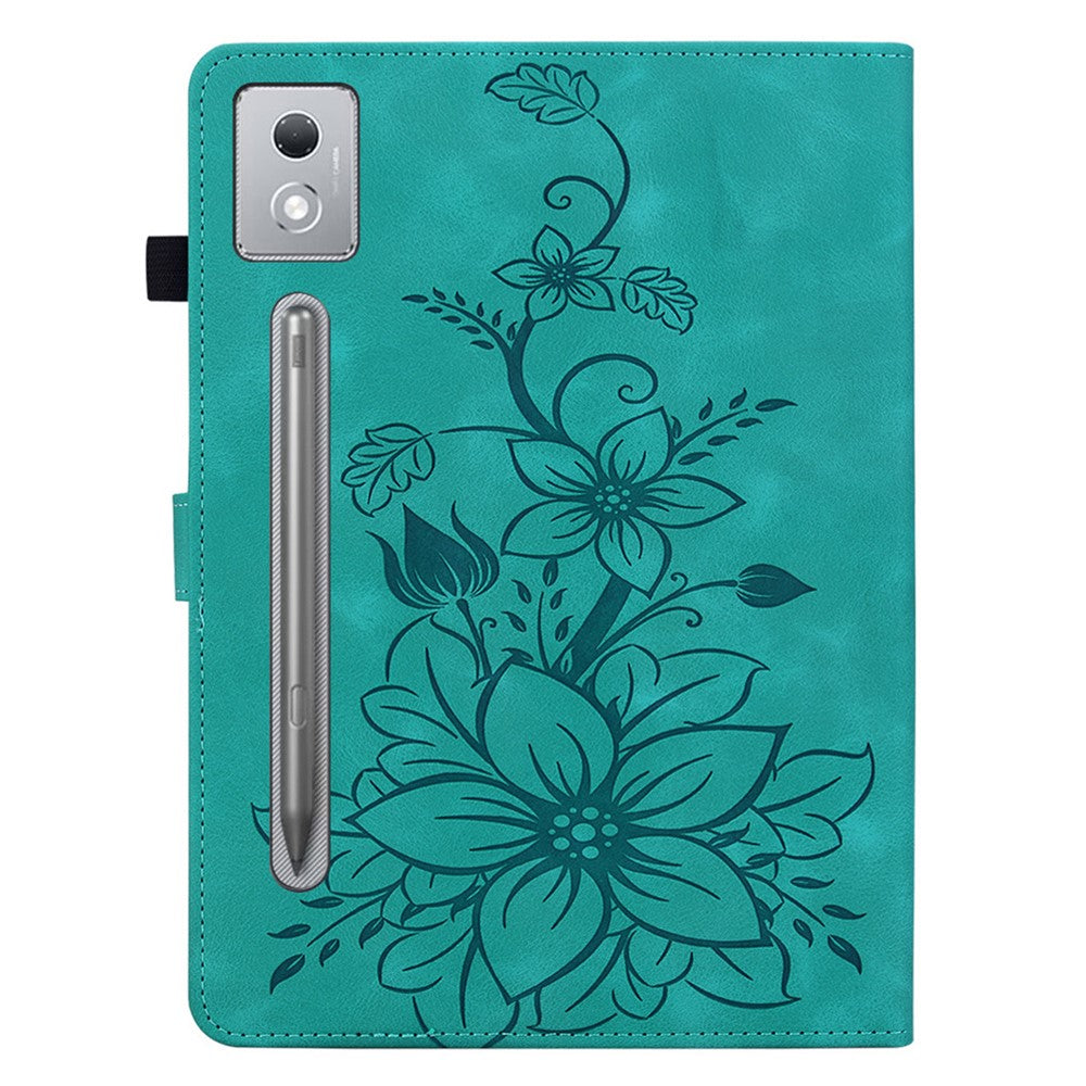 For Lenovo Tab P12 Pro 12.7 2025 / Xiaoxin Pad Pro 12.7 (2025) Case Lily Flower Imprint Card Slots Leather Tablet Cover - Green