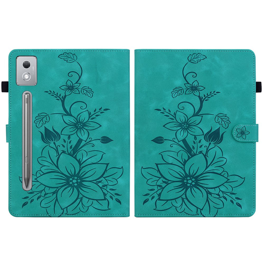 For Lenovo Tab P12 Pro 12.7 2025 / Xiaoxin Pad Pro 12.7 (2025) Case Lily Flower Imprint Card Slots Leather Tablet Cover - Green