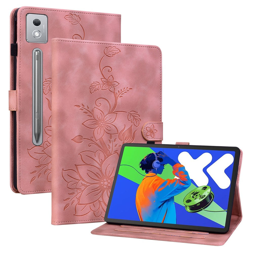 For Lenovo Tab P12 Pro 12.7 2025 / Xiaoxin Pad Pro 12.7 (2025) Case Lily Flower Imprint Card Slots Leather Tablet Cover - Pink