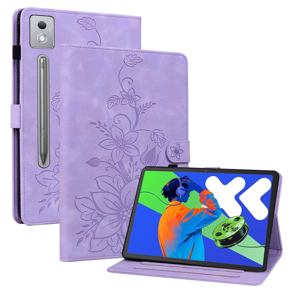 For Lenovo Tab P12 Pro 12.7 2025 / Xiaoxin Pad Pro 12.7 (2025) Case Lily Flower Imprint Card Slots Leather Tablet Cover - Purple