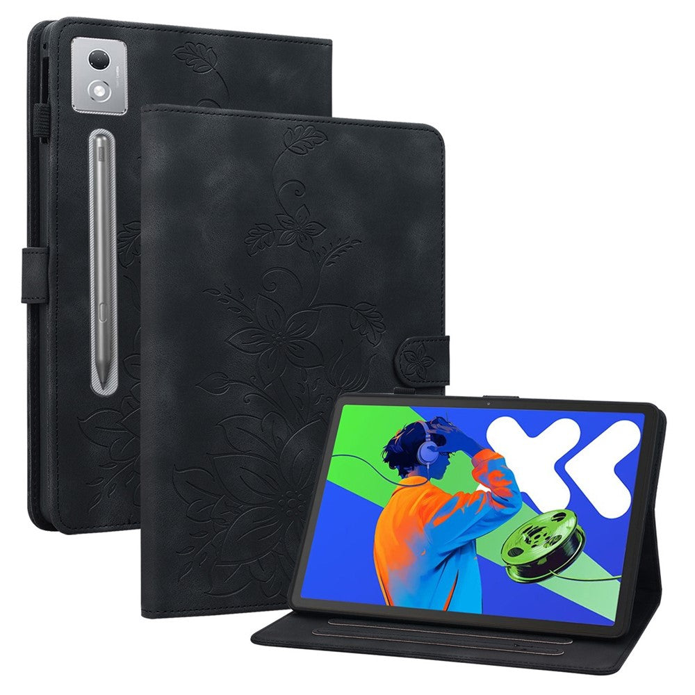 For Lenovo Tab P12 Pro 12.7 2025 / Xiaoxin Pad Pro 12.7 (2025) Case Lily Flower Imprint Card Slots Leather Tablet Cover - Black