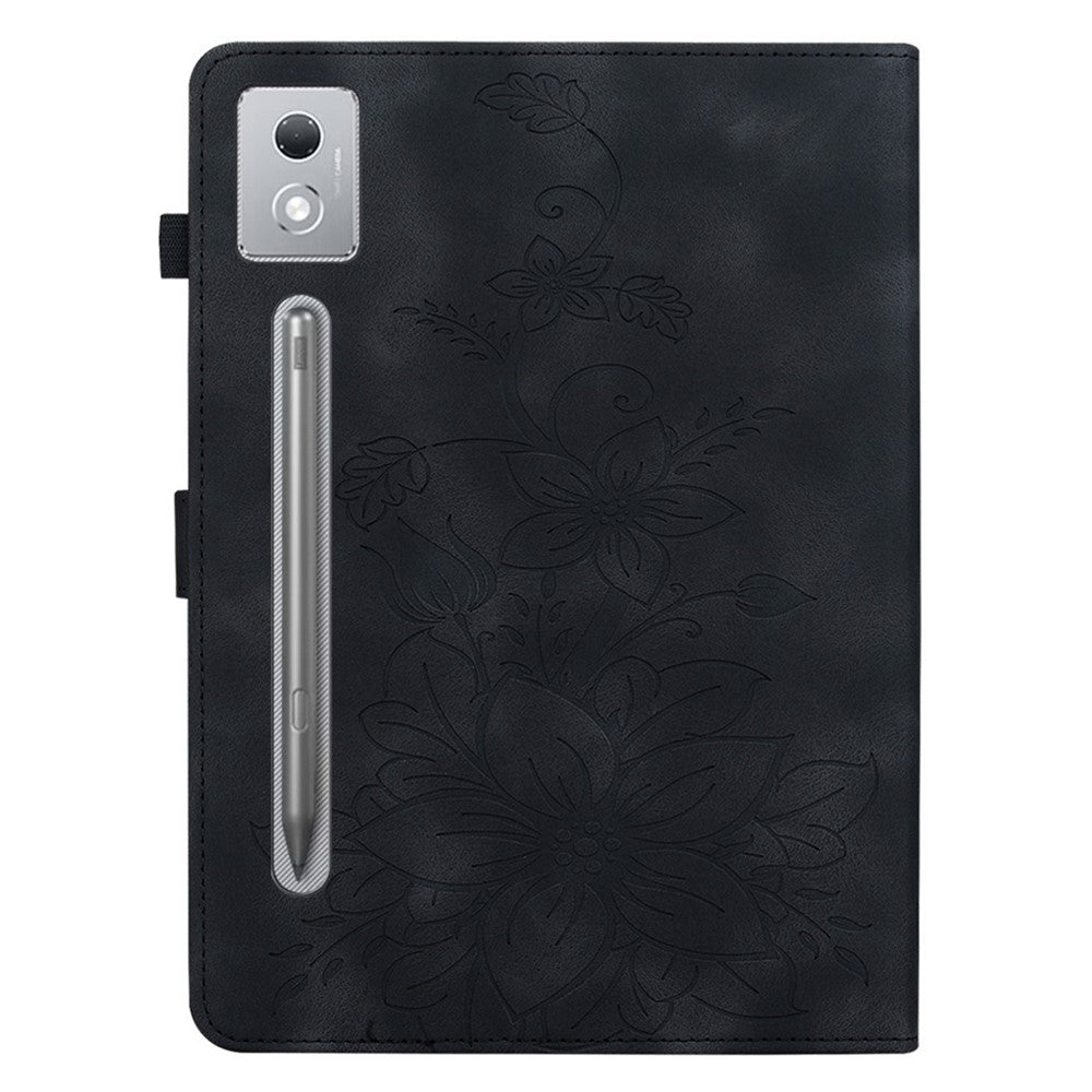 For Lenovo Tab P12 Pro 12.7 2025 / Xiaoxin Pad Pro 12.7 (2025) Case Lily Flower Imprint Card Slots Leather Tablet Cover - Black