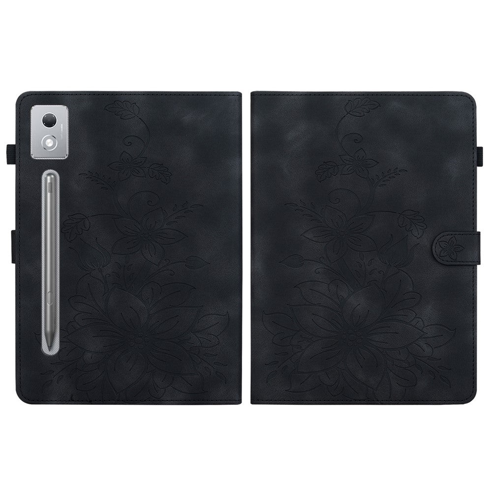 For Lenovo Tab P12 Pro 12.7 2025 / Xiaoxin Pad Pro 12.7 (2025) Case Lily Flower Imprint Card Slots Leather Tablet Cover - Black