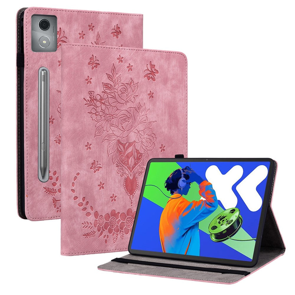 For Lenovo Tab P12 Pro 12.7 2025 / Xiaoxin Pad Pro 12.7 (2025) Case Card Holder Anti-Scratch Leather Cover Rose Flower Imprint - Pink