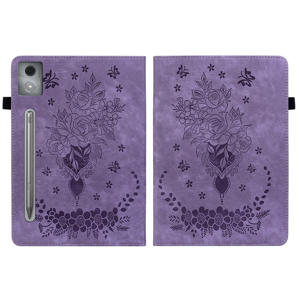 For Lenovo Tab P12 Pro 12.7 2025 / Xiaoxin Pad Pro 12.7 (2025) Case Card Holder Anti-Scratch Leather Cover Rose Flower Imprint - Purple
