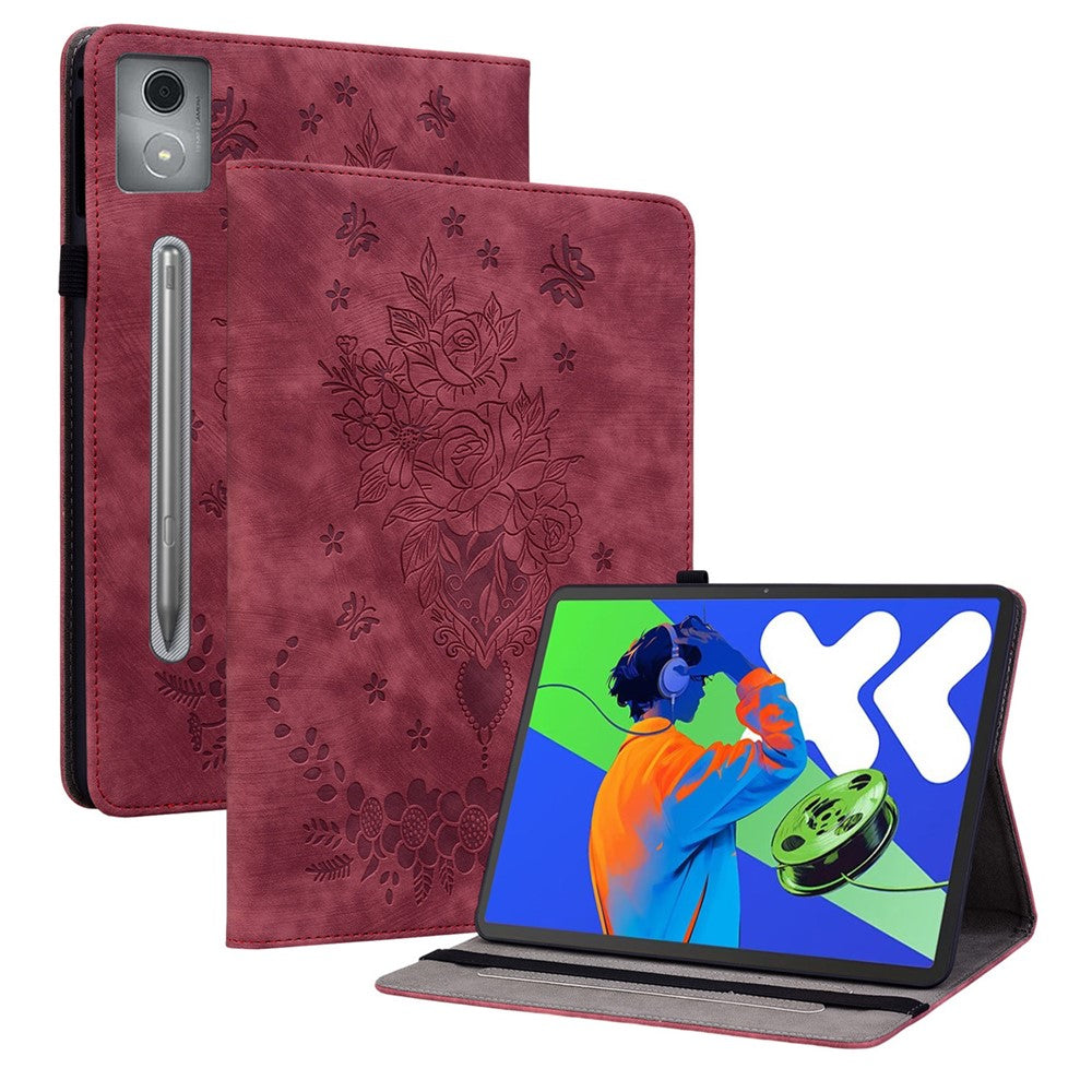 For Lenovo Tab P12 Pro 12.7 2025 / Xiaoxin Pad Pro 12.7 (2025) Case Card Holder Anti-Scratch Leather Cover Rose Flower Imprint - Red