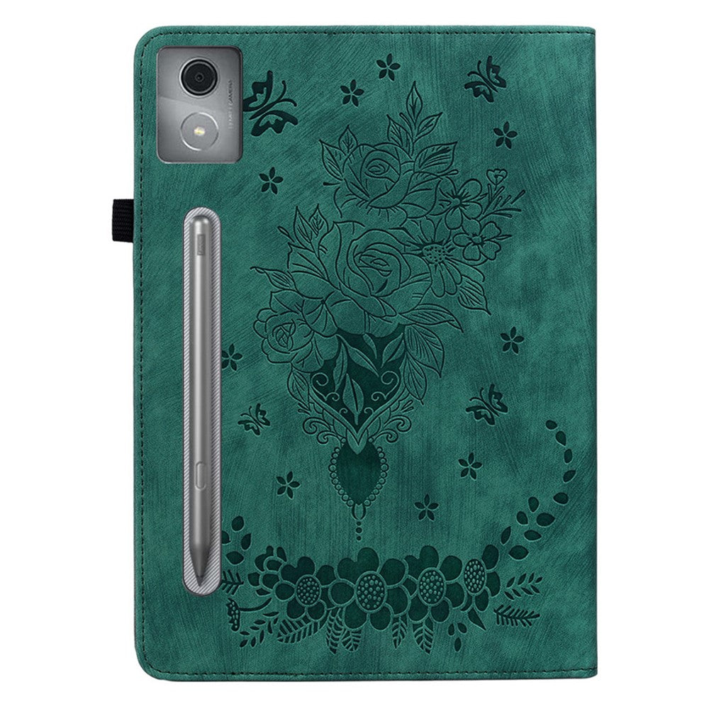 For Lenovo Tab P12 Pro 12.7 2025 / Xiaoxin Pad Pro 12.7 (2025) Case Card Holder Anti-Scratch Leather Cover Rose Flower Imprint - Green