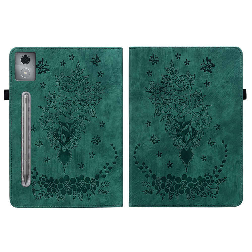 For Lenovo Tab P12 Pro 12.7 2025 / Xiaoxin Pad Pro 12.7 (2025) Case Card Holder Anti-Scratch Leather Cover Rose Flower Imprint - Green