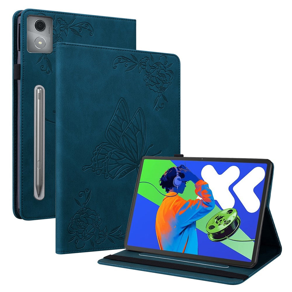 For Lenovo Tab P12 Pro 12.7 2025 / Xiaoxin Pad Pro 12.7 (2025) Case Butterfly Flower Imprint PU Leather Tablet Cover with Card Slots - Blue