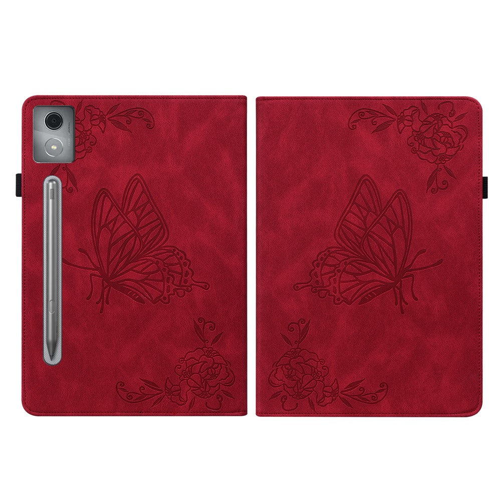 For Lenovo Tab P12 Pro 12.7 2025 / Xiaoxin Pad Pro 12.7 (2025) Case Butterfly Flower Imprint PU Leather Tablet Cover with Card Slots - Red