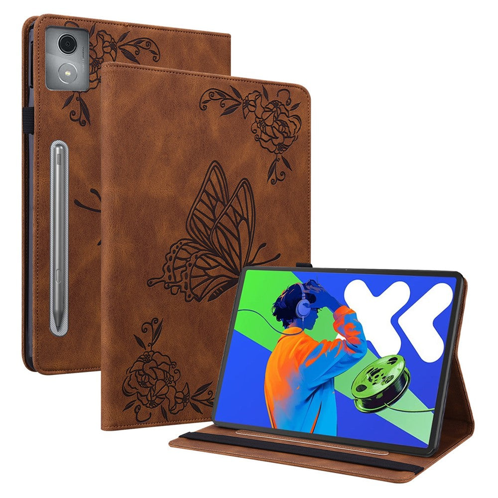 For Lenovo Tab P12 Pro 12.7 2025 / Xiaoxin Pad Pro 12.7 (2025) Case Butterfly Flower Imprint PU Leather Tablet Cover with Card Slots - Brown