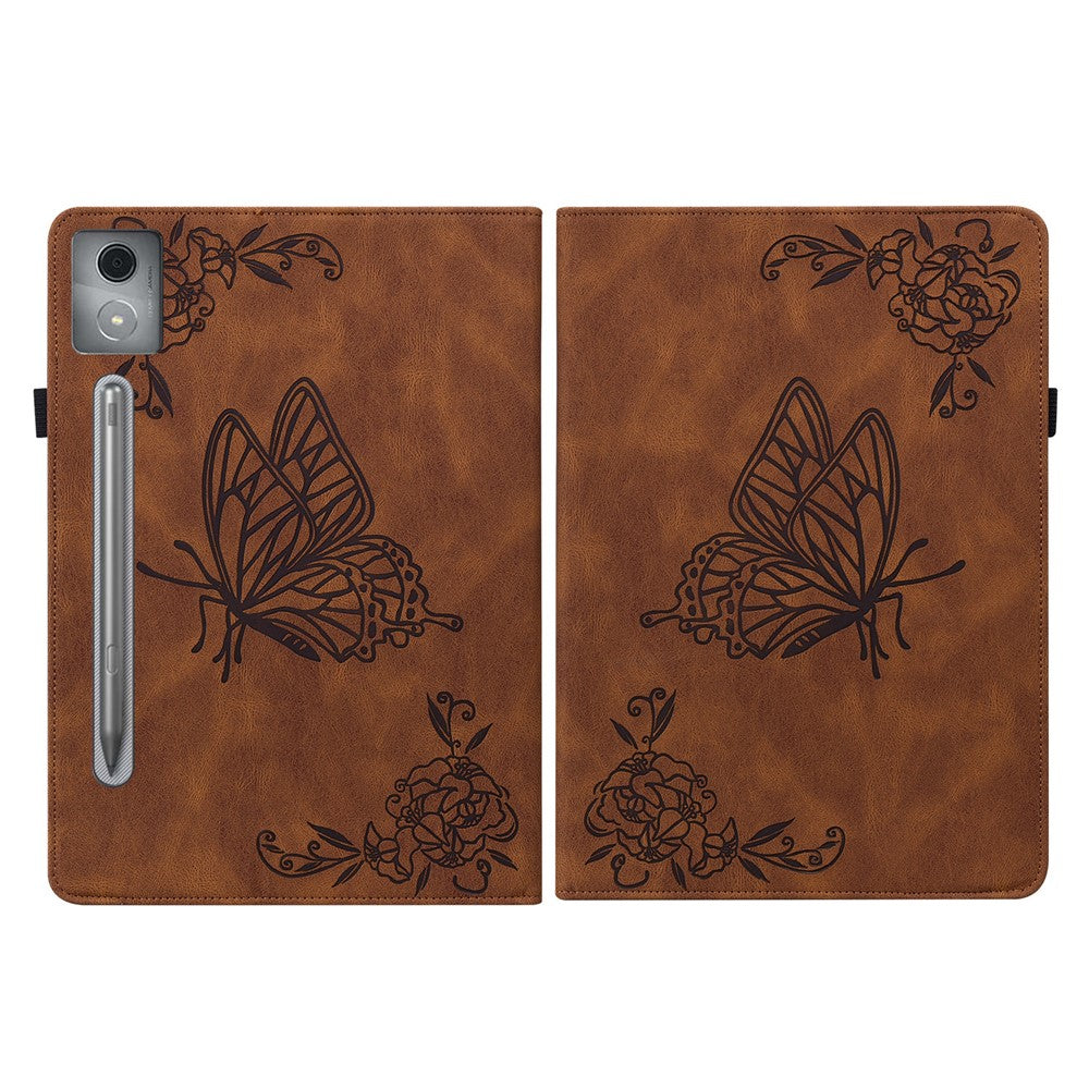 For Lenovo Tab P12 Pro 12.7 2025 / Xiaoxin Pad Pro 12.7 (2025) Case Butterfly Flower Imprint PU Leather Tablet Cover with Card Slots - Brown