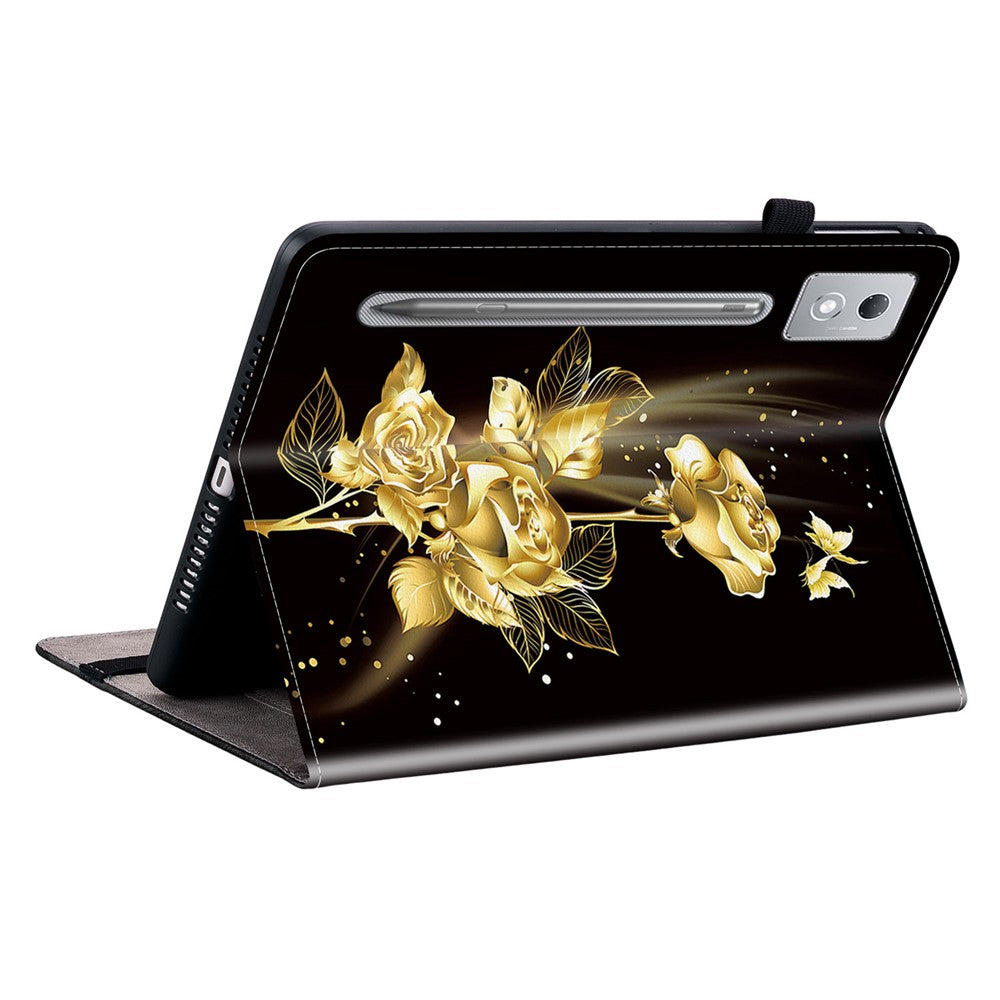 For Lenovo Tab P12 Pro 12.7 2025 / Xiaoxin Pad Pro 12.7 (2025) Leather Case Pattern Printed Stand Tablet Cover with Card Slots - Gold Butterfly Rose